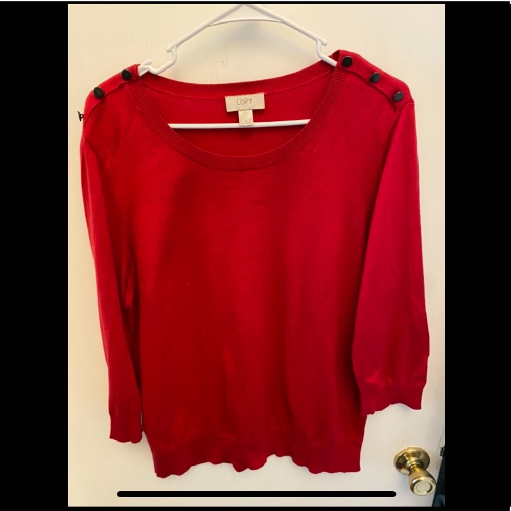 Three quarter sleeve red Loft sweater with shoulder details